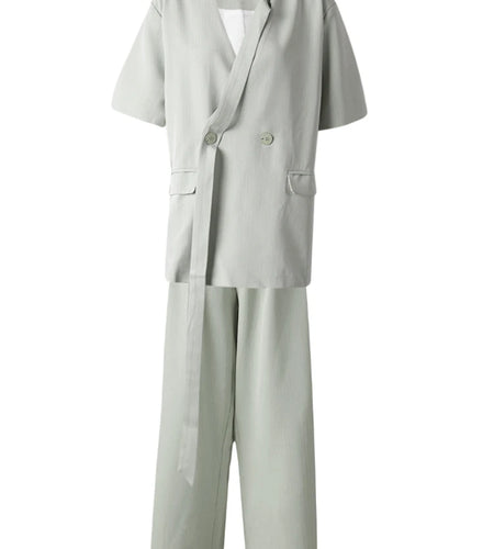 Big Size Green Blazer Wide Leg Pants Two Piece Suit New V-Neck Short Sleeve Women Fashion Tide Spring Summer 2025 CPG3079