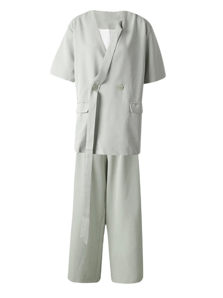 Big Size Green Blazer Wide Leg Pants Two Piece Suit New V-Neck Short Sleeve Women Fashion Tide Spring Summer 2025 CPG3079