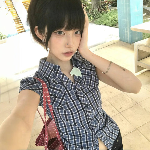 Load image into Gallery viewer, Japanese Y2k Plaid Shirt Vintage Harajuku V-neck Blouses Korean Fashion Women Short Sleeve Shirts 2000s American Retro
