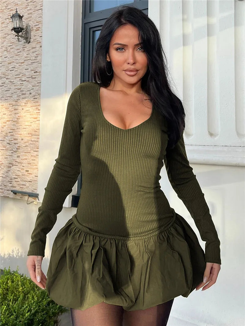 Long Sleeve Puffball Sexy Mini Dress For Women Autumn Winter New O Neck High Waist A-line Ruffled Pleated Dress