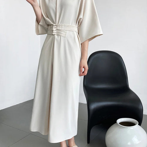 Load image into Gallery viewer, Women Black Buckle Long Elegant Dress New Round Neck Three-quarter Sleeve Loose Fit Fashion Spring Autumn 2025 1DE7880
