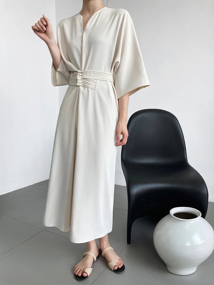 Women Black Buckle Long Elegant Dress New Round Neck Three-quarter Sleeve Loose Fit Fashion Spring Autumn 2025 1DE7880