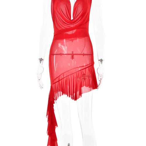 Load image into Gallery viewer, Sexy Hanging Collar Backless Deep V Dress For Women Lace Up Pleats Ruffled Edges Skirt Slim Party Nightclub Beachwear
