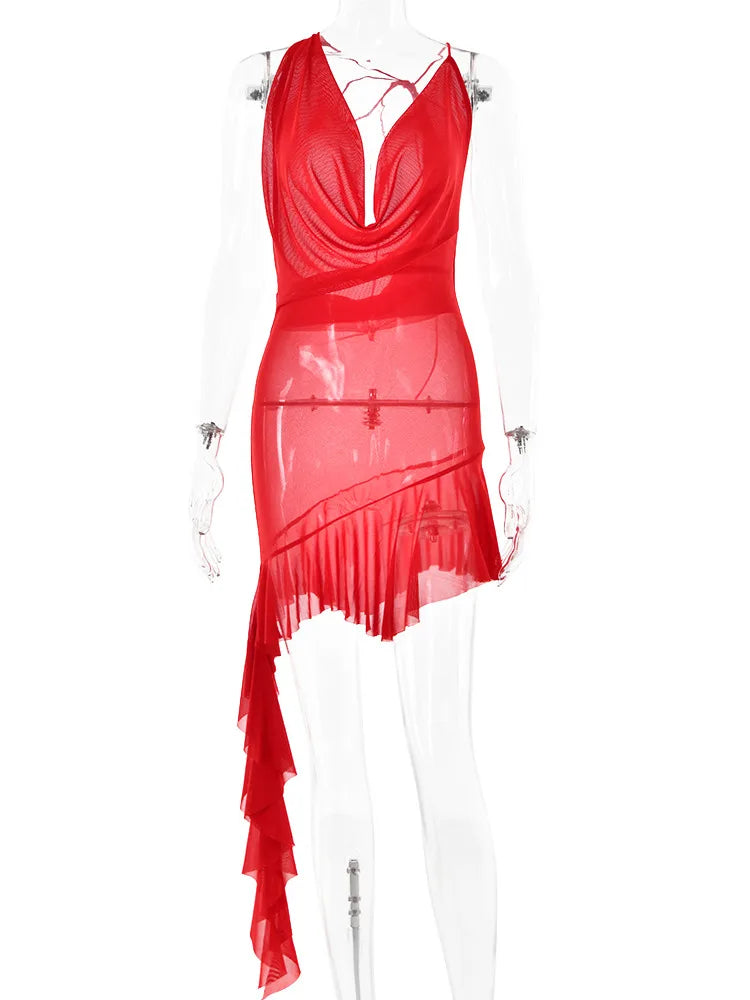 Sexy Hanging Collar Backless Deep V Dress For Women Lace Up Pleats Ruffled Edges Skirt Slim Party Nightclub Beachwear