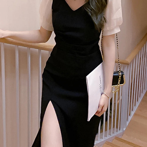 Load image into Gallery viewer, French Elegant Midi Dress for Women Puffer Sleeve Vintage Dress Female Sweet Party One Piece Dresses Korean Black
