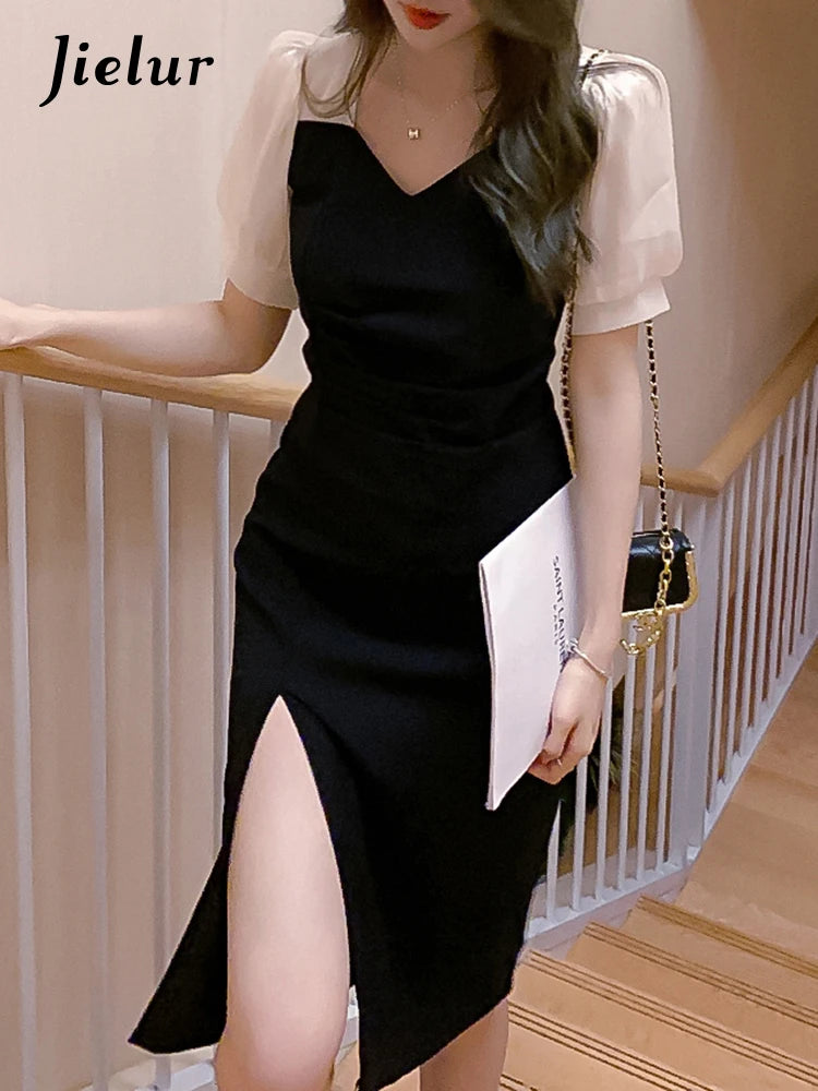 French Elegant Midi Dress for Women Puffer Sleeve Vintage Dress Female Sweet Party One Piece Dresses Korean Black