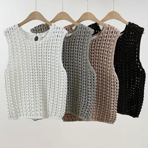 Load image into Gallery viewer, Hollow Out Knitting Pullover Sweaters For Women Round Neck Sleeveless Loose Casual Vests Female Fashion Clothing
