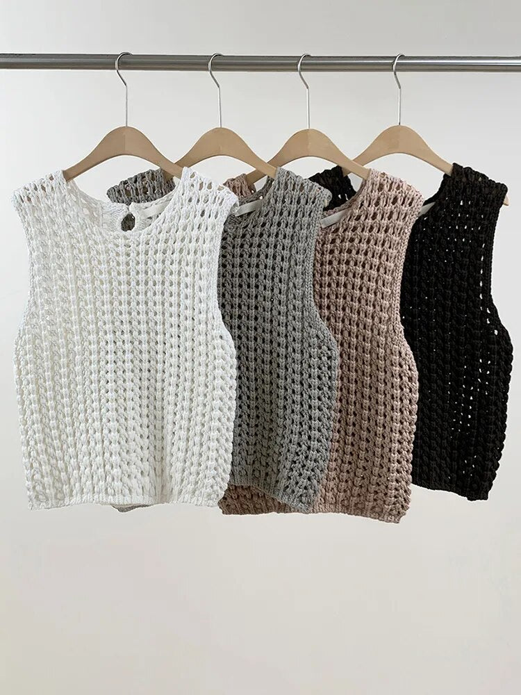 Hollow Out Knitting Pullover Sweaters For Women Round Neck Sleeveless Loose Casual Vests Female Fashion Clothing