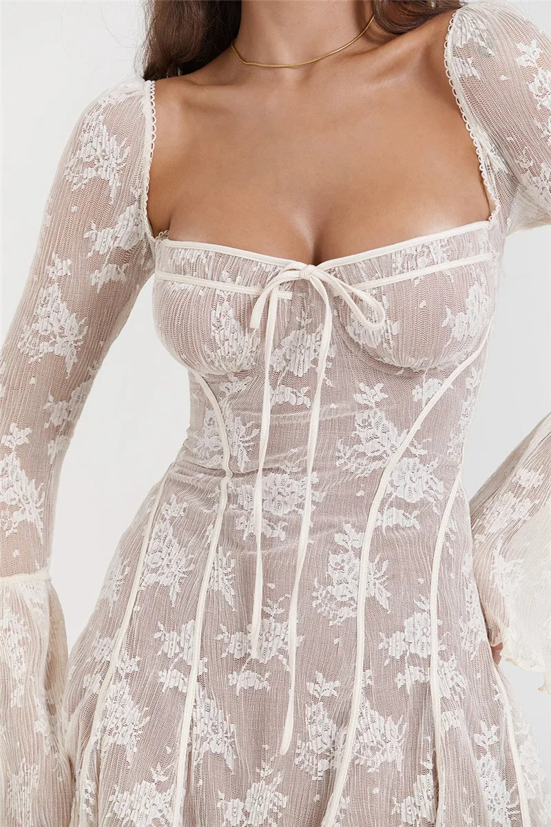 Elegant Print Mini Dress For Women Autumn Winter New Square Collar Long Sleeve Backless Loose Club Party Sexy Dress