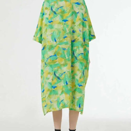 Load image into Gallery viewer, Women Blue Printed Big Size Midi Floral Dress New Stand Collar Short Sleeve Loose Fit Fashion Spring Summer 2025 1DF9379
