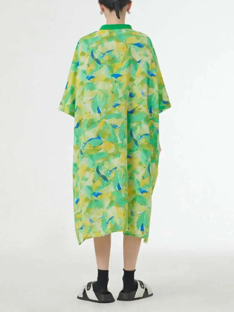 Women Blue Printed Big Size Midi Floral Dress New Stand Collar Short Sleeve Loose Fit Fashion Spring Summer 2025 1DF9379