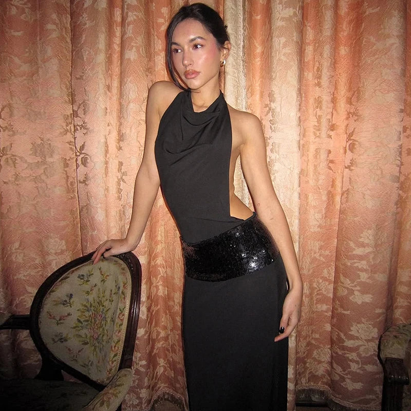 Black Halter Backless Sexy Maxi Dress For Women Gown Elegant Glitter High Waist O Neck Sleeveless Long Dress Elegant