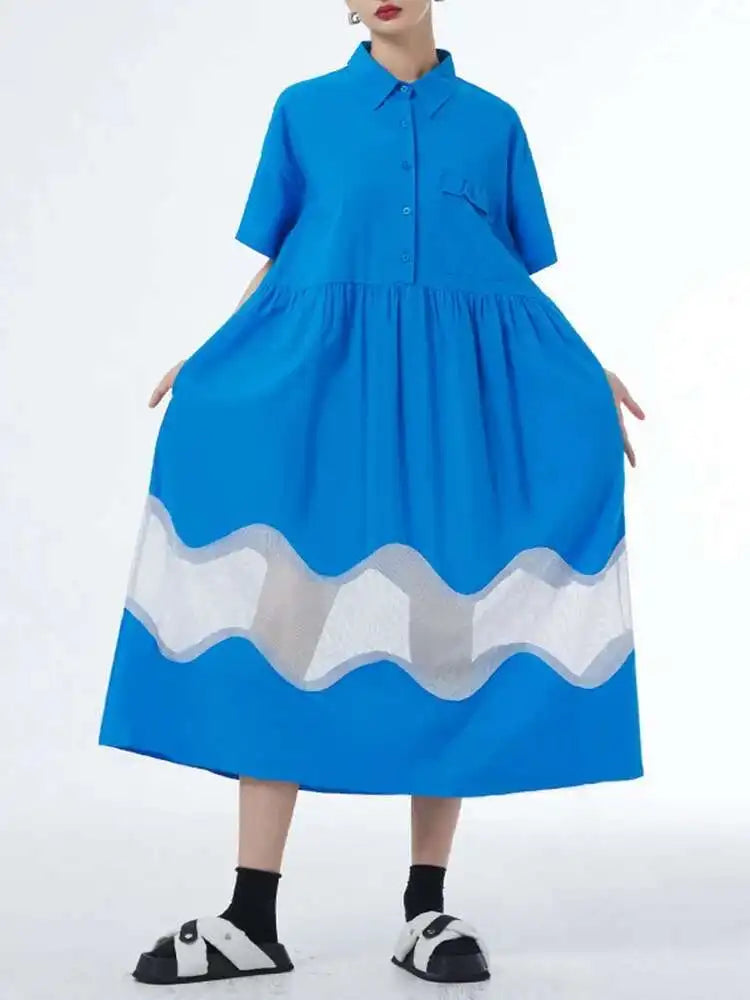Women Blue Perspective Big Size Shirt Dress New Lapel Short Sleeve Loose Fit Fashion Tide Spring Summer 2025 1DF8791