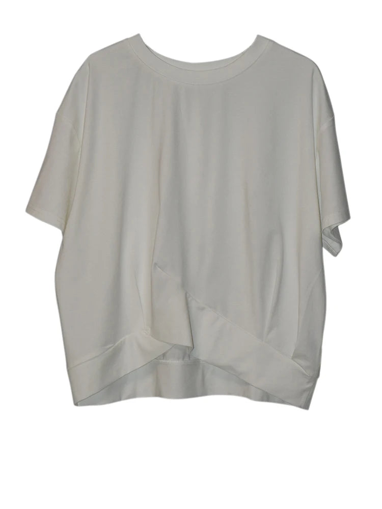 Women Black Irregular Spliced Big Size Casual T-shirt New Round Neck Short Sleeve Fashion Tide Spring Summer 2025 1DJ1297