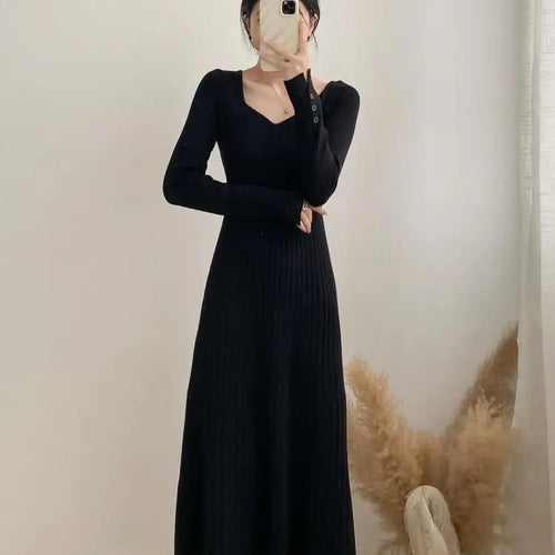 Load image into Gallery viewer, Women Autumn Beige Elegant Knit Long Dress Square V Neck Slim Bodycon Sweater Dress Winter Black Long Sleeves Dresses New French
