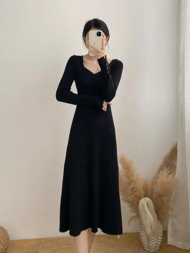 Women Autumn Beige Elegant Knit Long Dress Square V Neck Slim Bodycon Sweater Dress Winter Black Long Sleeves Dresses New French