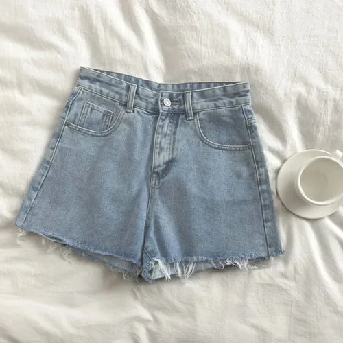 Load image into Gallery viewer, Korean High Waisted Raw Edge Denim Shorts Women&#39;s 2023 Summer New Basic Button Pocket Denim Shorts Street Denim Pant
