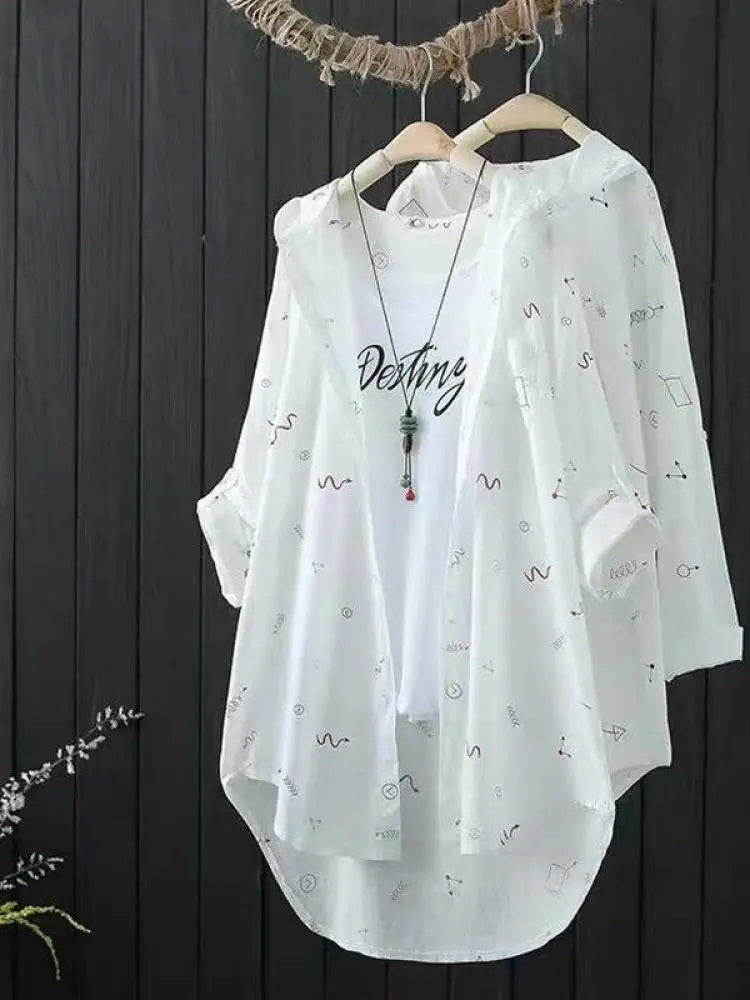 Women's Shirts Hooded Sunscreen Long Sleeved Shirt Female Top Summer New Coat Medium Long Jacket Thin Printed Blouse