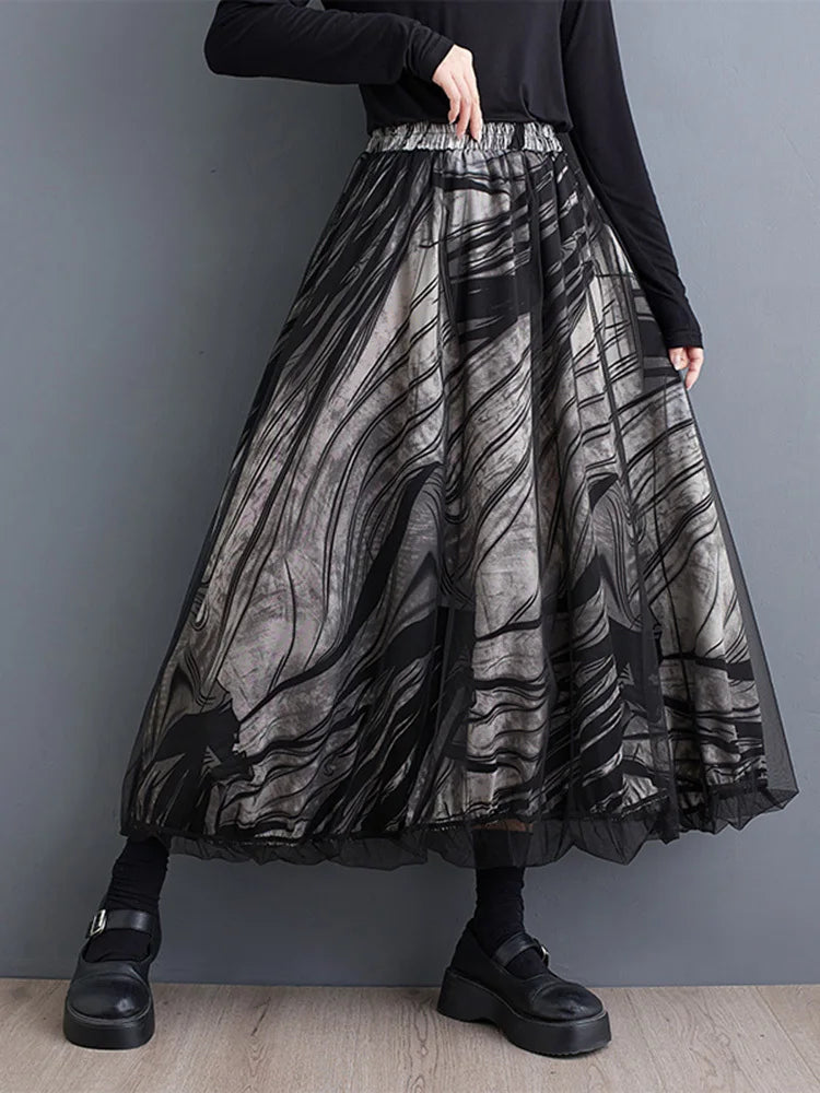 High Elastic Waist Black Dot Printed Mesh Spliced A-line Half-body Skirt Women Fashion Tide New Spring Autumn 2025 1DJ0329