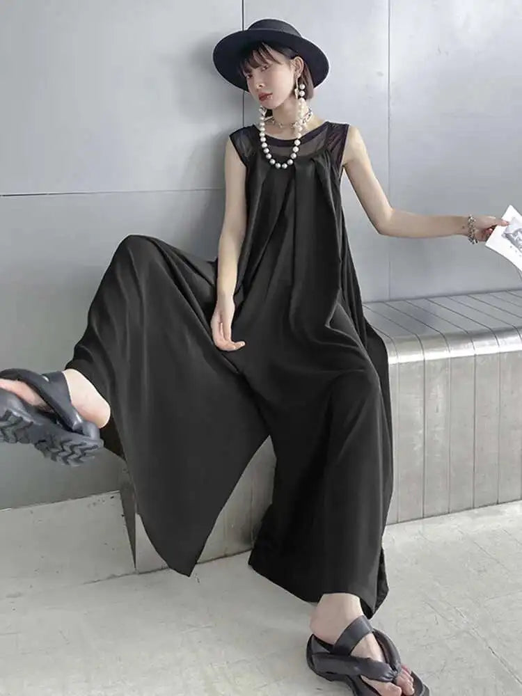 Women Black Mesh Perspective Pleated Big Size Elegant Dress New Round Neck Sleeveless Fashion Spring Summer 2025  1DH5841