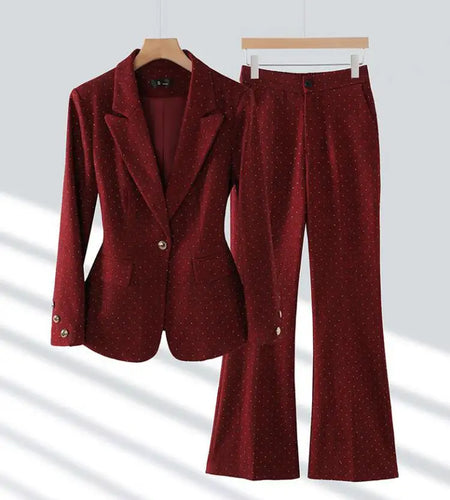 Autumn Winter Women Office Gray Two Pieces Set 2024 Red Single Button Diamonds Blazer Tops And High Waist Wide Legs Pant Suit