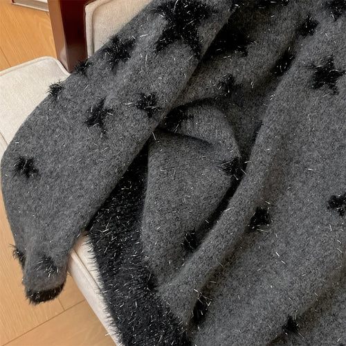 Load image into Gallery viewer, Korean Autumn Winter Grey Star Patchwork Elegant Pullover Short Sweater Women 2024 New Round Neck Long Sleeved Knitted Tops Chic
