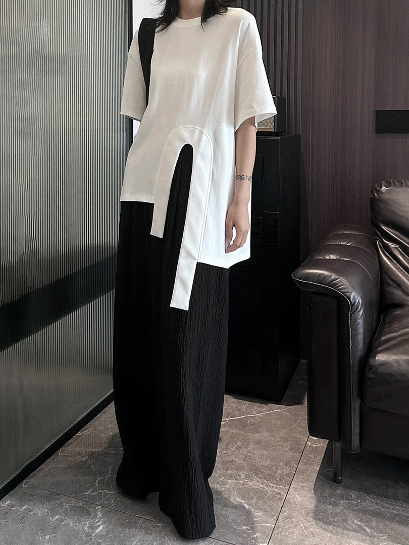 Women White Hem Irregular Spliced Big Size Casual T-shirt New Round Neck Short Sleeve Fashion Spring Summer 2025 1DH5508