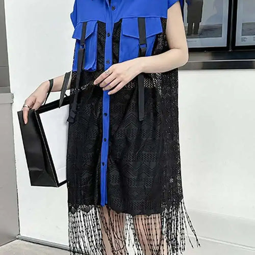 Load image into Gallery viewer, Women Army Green Lace Perspective Tassels Midi Shirt Dress New Lapel Sleeveless Fashion Tide Spring Summer 2025 1DH4540
