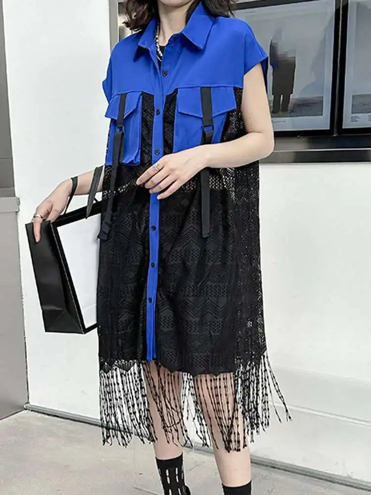 Women Army Green Lace Perspective Tassels Midi Shirt Dress New Lapel Sleeveless Fashion Tide Spring Summer 2025 1DH4540
