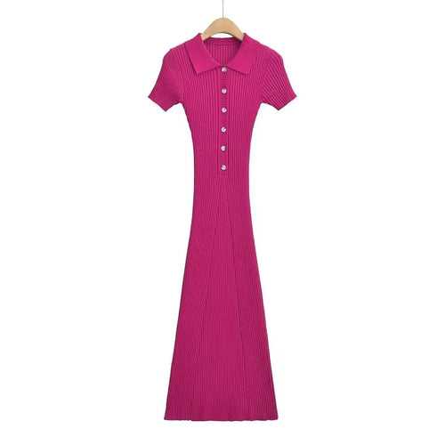 Load image into Gallery viewer, Korean Version Solid Polo Collar Single Breasted Knitted Long Dress Women's Summer Elegant Slim Short Sleeve Wrapped Hip Dresses
