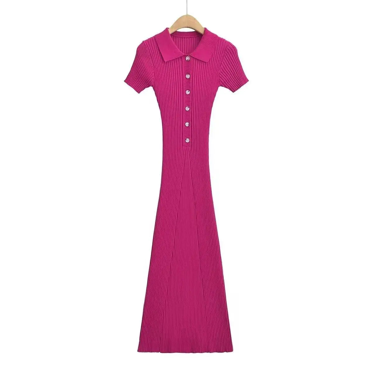 Korean Version Solid Polo Collar Single Breasted Knitted Long Dress Women's Summer Elegant Slim Short Sleeve Wrapped Hip Dresses