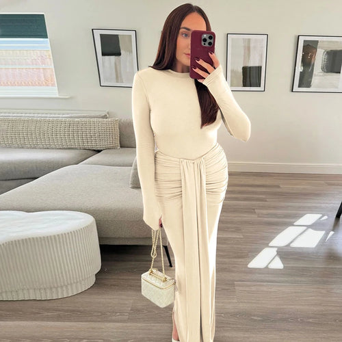 Load image into Gallery viewer, Ruched Draped Sexy Maxi Dress For Women Fashion O Neck Long Sleeve Bodycon Club Party Long Dress Female Elegant Dresses
