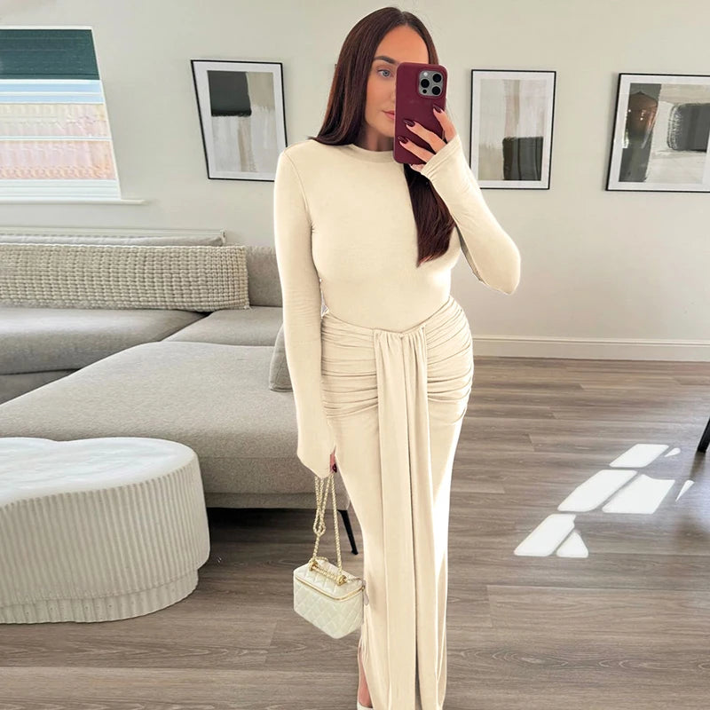 Ruched Draped Sexy Maxi Dress For Women Fashion O Neck Long Sleeve Bodycon Club Party Long Dress Female Elegant Dresses