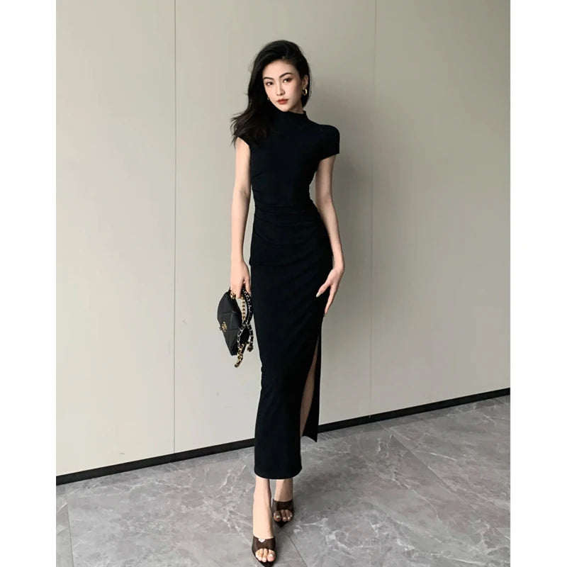 Women Fashion Sexy Midi Dress Summer Elegant V-neck Split Sleeveless Slim Dresses Streetwear High Waist Bodycon Vestidos Robes