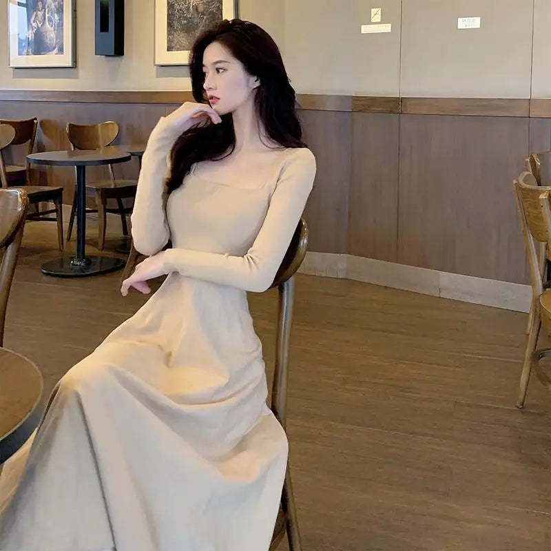 Korean Women's Retro Solid Square Neck Long Sleeve Knit Slim Pleated Dress Elegant Holiday Party Long Dress Autumn Chic
