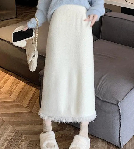 Vintage Women Black White Tassel Elegant High Waist Party Long Skirt 2024 Autumn Winter Khaki Straight Wrap Hip Knitted Skirts