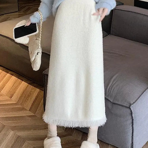 Load image into Gallery viewer, Vintage Women Black White Tassel Elegant High Waist Party Long Skirt 2024 Autumn Winter Khaki Straight Wrap Hip Knitted Skirts
