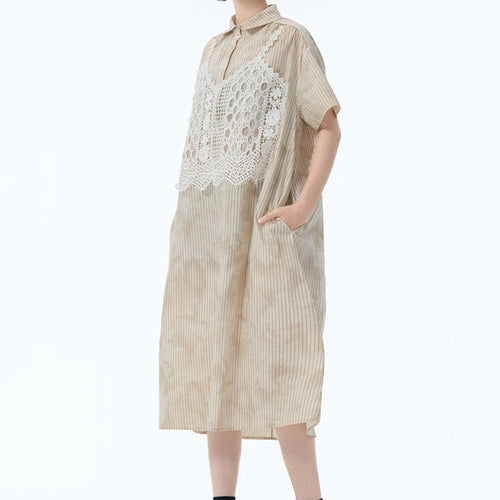 Load image into Gallery viewer, Women Black Striped Lace Spliced Big Size Midi Shirt Dress New Lapel Short Sleeve Fashion Tide Spring Summer 2025 1DJ1257
