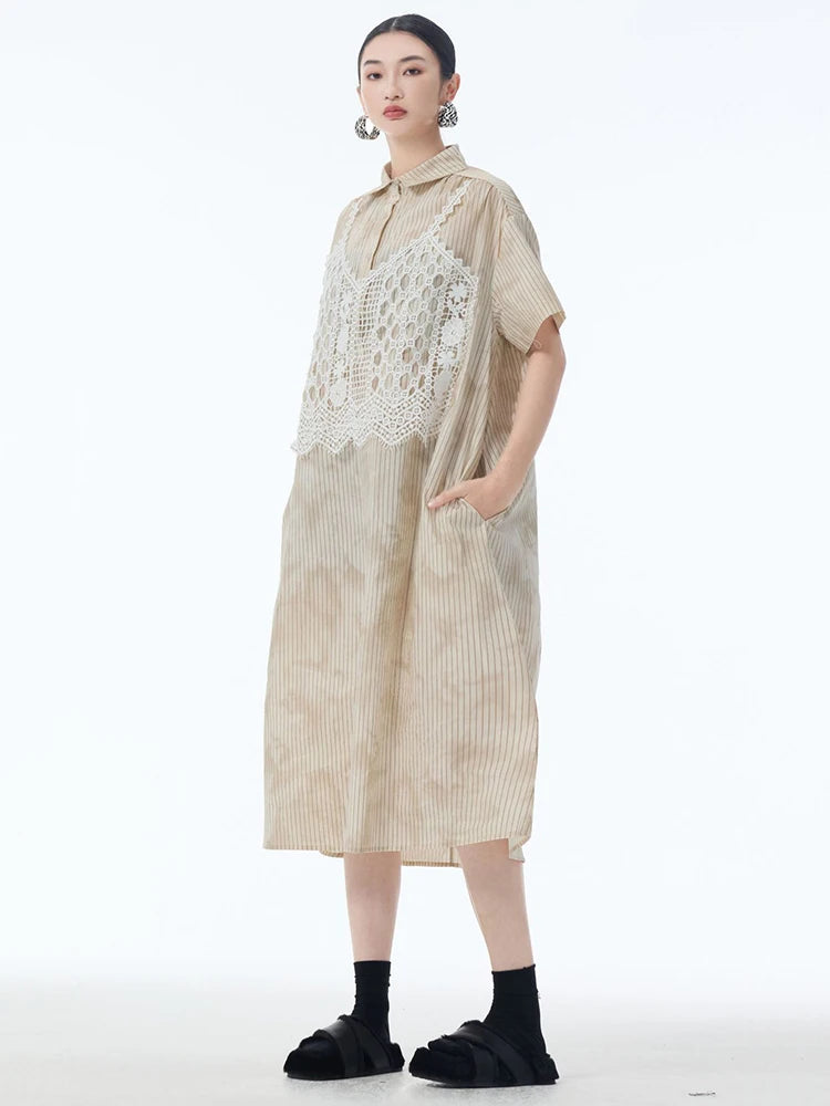 Women Black Striped Lace Spliced Big Size Midi Shirt Dress New Lapel Short Sleeve Fashion Tide Spring Summer 2025 1DJ1257