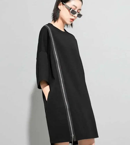 Women Black Zipper Big Size Dress New Round Neck Three-quarter Sleeve Loose Fit Fashion Tide Spring Autumn 2025 1DF5283