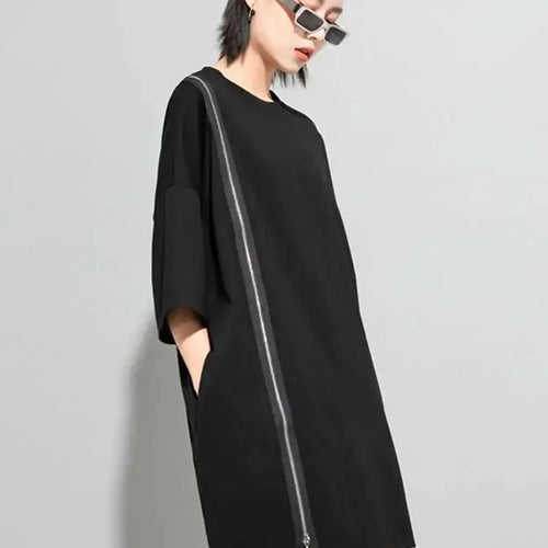 Load image into Gallery viewer, Women Black Zipper Big Size Dress New Round Neck Three-quarter Sleeve Loose Fit Fashion Tide Spring Autumn 2025 1DF5283
