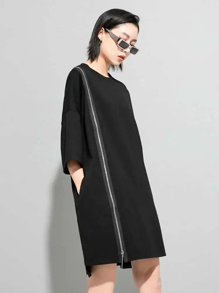 Women Black Zipper Big Size Dress New Round Neck Three-quarter Sleeve Loose Fit Fashion Tide Spring Autumn 2025 1DF5283