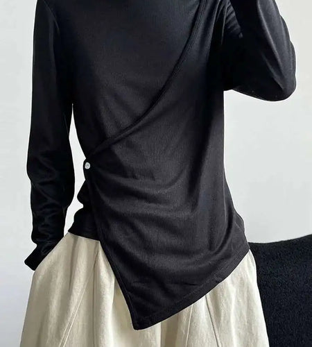 Women Gray Cross Irregular Hem Casual Slim T-shirt New Round Neck Long Sleeve Fashion Tide Spring Autumn 2025 1DJ0739