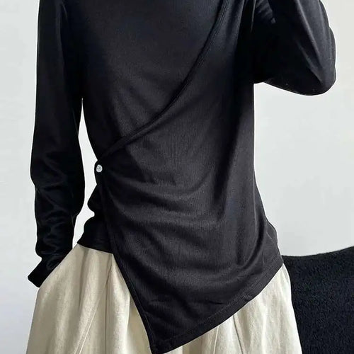 Load image into Gallery viewer, Women Gray Cross Irregular Hem Casual Slim T-shirt New Round Neck Long Sleeve Fashion Tide Spring Autumn 2025 1DJ0739
