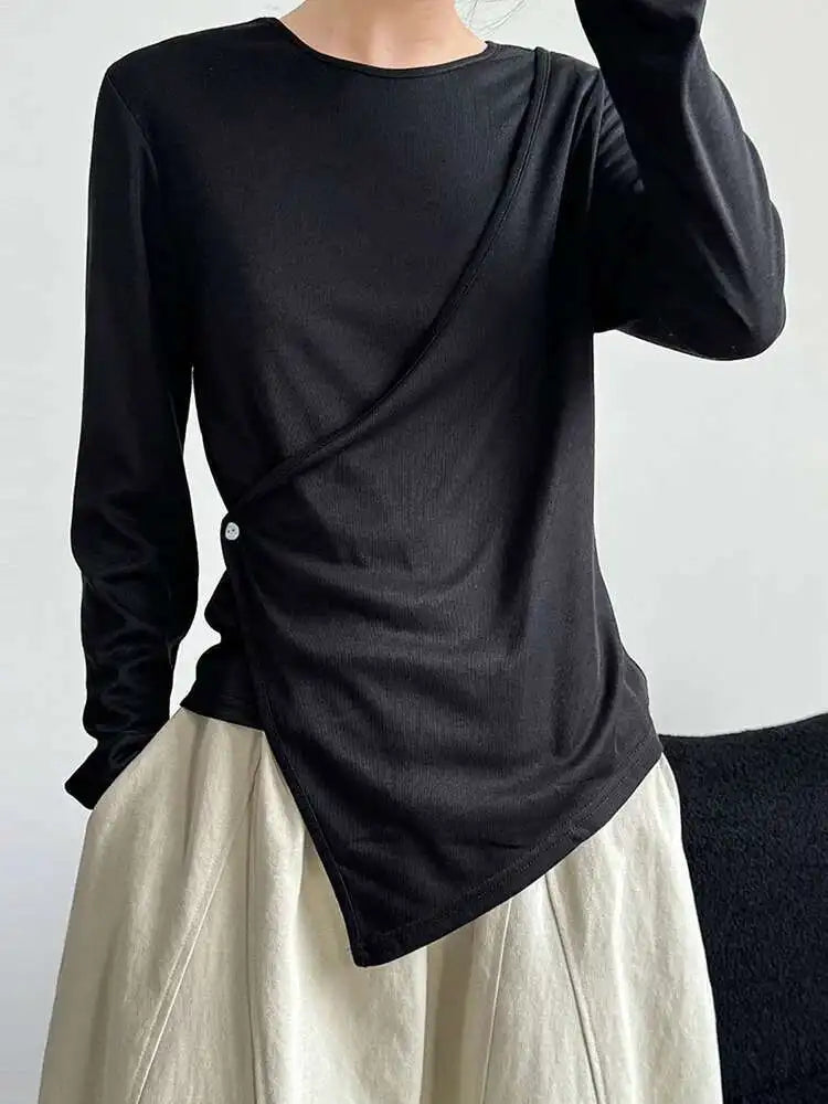 Women Gray Cross Irregular Hem Casual Slim T-shirt New Round Neck Long Sleeve Fashion Tide Spring Autumn 2025 1DJ0739