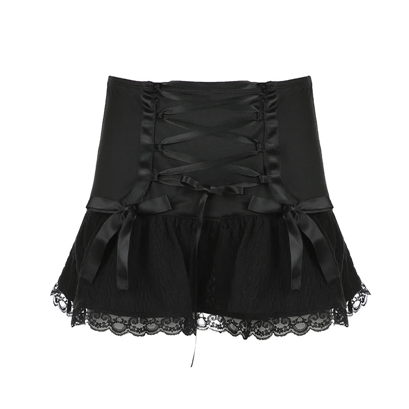 Gothic Y2K Lace Trim Mini Skirt Harajuku Vintage Tie Up Bow Dark Academia Sexy Women Skirts Hottie A-Line Grunge New