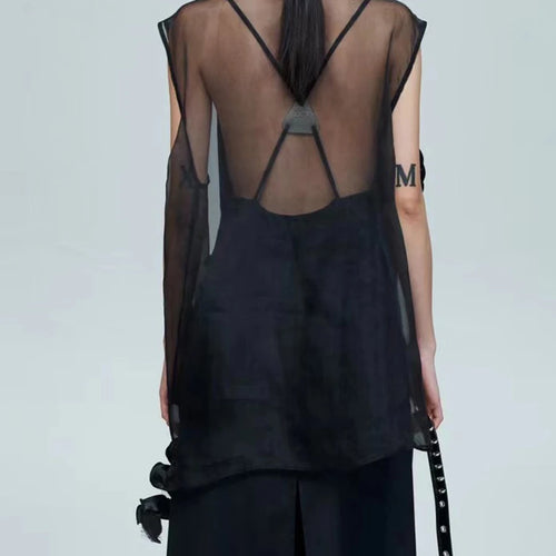 Load image into Gallery viewer, Solid Spliced Appliques Slimming T Shirts For Women V Neck Sleeveless Minimalist Elegant T Shirt Female Clothes New
