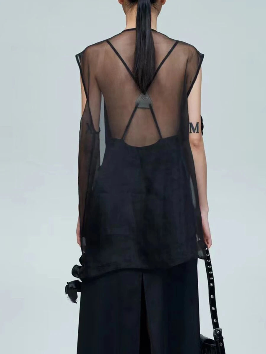 Solid Spliced Appliques Slimming T Shirts For Women V Neck Sleeveless Minimalist Elegant T Shirt Female Clothes New