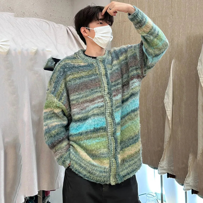 Men's Sweater New Spring Stripes Contrast Color Knitted Male Loose Casual Single Breasted Cardigan Handsome Knits 9W1478