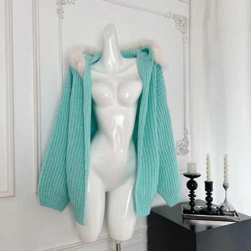 Load image into Gallery viewer, Vintage Chic Women Blue Hooded Cardigan Sweater Beige Elegant Long Sleeved Short Knitted Tops 2024 Autumn Winter Fashion Popular
